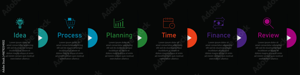 Poster timeline business process visualization with icon | modern infographic one side half circle with whi