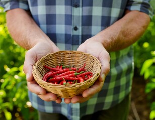Harvested Spice Hands Holding Basket of Fresh Chili Peppers in a Garden Setting