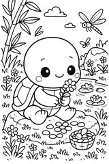 Cute turtle with flower sitting near pond with dragonfly and butterfly art