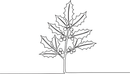 Elegant minimalist line drawing of a holly plant with berries an