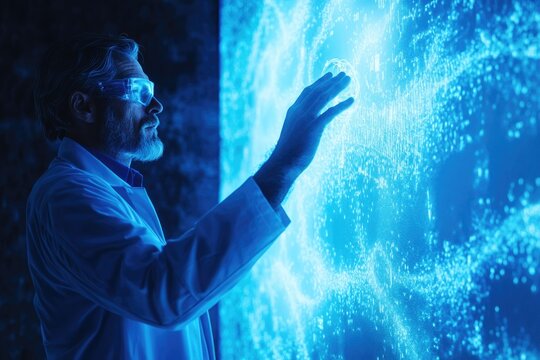 A scientist in a lab coat interacts with a holographic display showing complex data patterns and visualizations. - Powered by Adobe