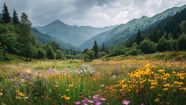 Lush mountain valley meadow in summer
