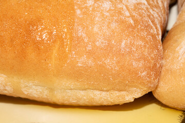 Close Up Macro of a Ciabatta Bread Roll Top Fluffy Baking with Olive Oil