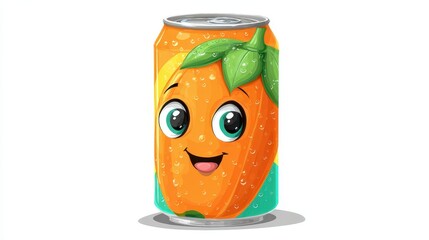 Cheerful Orange Juice Can Character with Expressive Eyes and Leafy Accents.