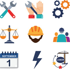 A collection of nine flat design icons representing labor, industry, workers, justice, and Labor Day celebrations.
