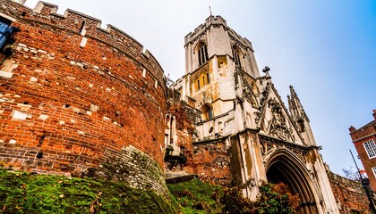 Old stone church and medieval wall