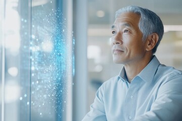 A pensive businessman contemplates a futuristic digital network interface, visualizing innovation and progress.