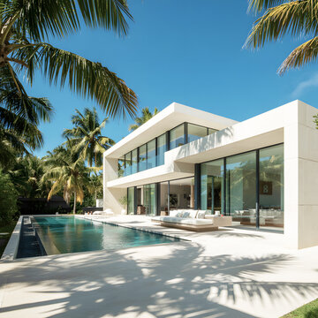 Modern luxury villa with swimming pool and palm trees under blue sky