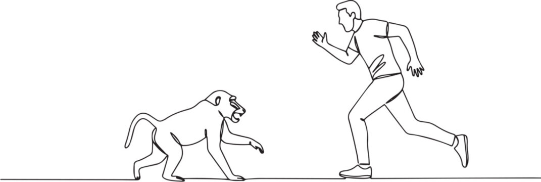 Single line art depicting a man fleeing in terror from an aggres