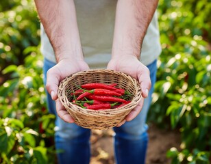 Close-up of farmer's hands holding a rustic basket filled with freshly picked red chili peppers in a sunny agricultural field, showcasing a bountiful harvest