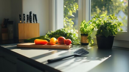 Bright modern kitchen with spatula, cutting board, and fresh vegetables