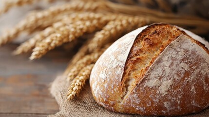 A rustic loaf of bread with a golden crust and a soft, fluffy interior, placed on a rustic wooden table with a burlap cloth and wheat stalks