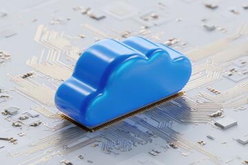 Blue Cloud Computing Symbol on a Futuristic Circuit Board.