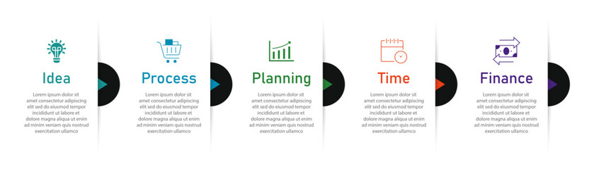 Business process visualization with 5 steps white diagram in two row | Arrow indicator vector illustration with icon | Modern elegant design for presentation, web, corporate with black color