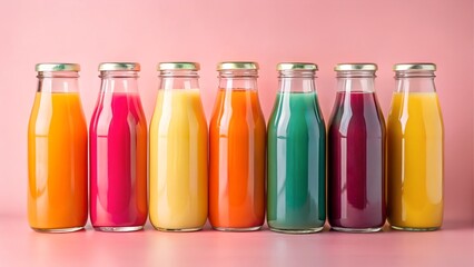 Assortment of colorful fruit juices in glass bottles