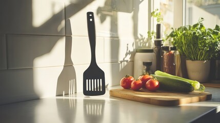 Bright modern kitchen with spatula, cutting board, and fresh vegetables