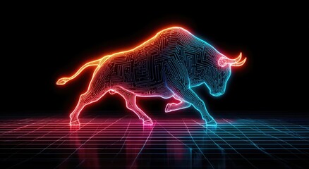 Digital bull silhouette on grid floor