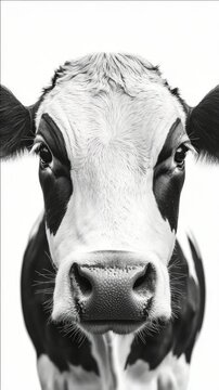 The video is a black and white close-up portrait of a Holstein cow, with a focus on the animal's facial expression.