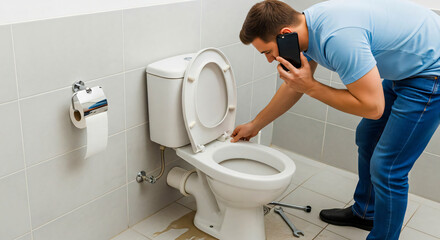Urgent Plumbing Issue: Man on Phone Inspecting Toilet
