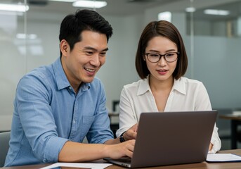 Obraz premium Diverse colleagues collaborating on a laptop in a modern office environment focused on success