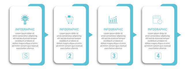 Timeline business process visualization with icon | Modern infographic one side sky blue border with arrow indicator suit for web, corporate, presentation | 4 steps white diagram vector illustration