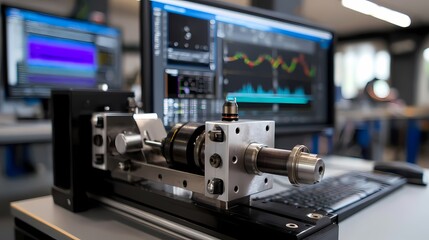 Precision Machinery in Engineering Lab with Monitors Displaying Data