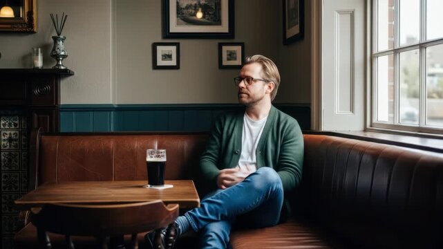 british man sits in cozy bar on leather bench near window with pint of dark beer on wooden table. classic decor with relaxed, introspective atmosphere. lifestyle, pub culture, drinking alcohol