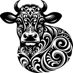 Artistic Cow Illustration: A stunning monochrome illustration of a cow, intricately adorned with elegant, swirling patterns, showcases a perfect blend of art and nature.