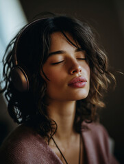Woman with dark hair and headphones, eyes closed. Great for music, relaxation, podcasts, or emotional lifestyle content.
