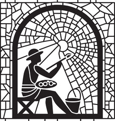 Elegant black and white illustration of a gas can within a decorative ornate frame design