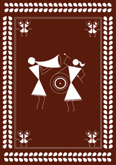 Beautiful Indian Traditional and Cultural Warli art concept of two couples celebrating isolated on dark brown background - vector illustration