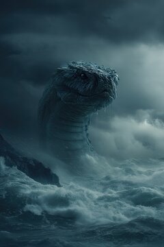 Jormungandr world serpent emerging from ocean stormy