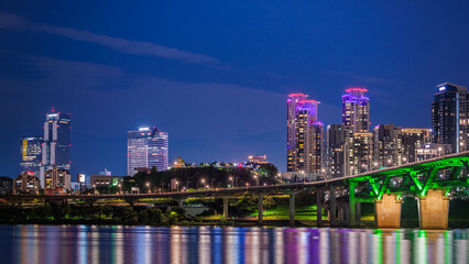The splendid night view of Cheongdam Bridge on the Han River in Seoul, South Korea