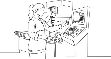 Continuous line drawing showcasing woman operating automated fac