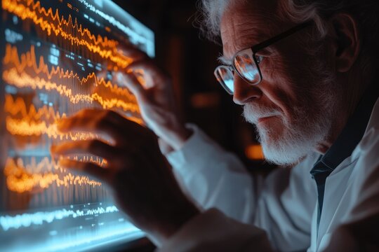 Senior scientist meticulously examines complex data visualizations on a large screen, analyzing intricate waveforms and patterns.