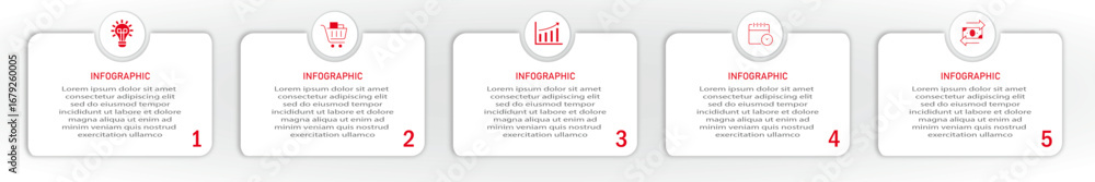 Poster timeline business process visualization with red icon | modern infographic design with circle suit f