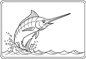 Fototapeta premium Black and white illustration of a marlin jumping out of the ocea