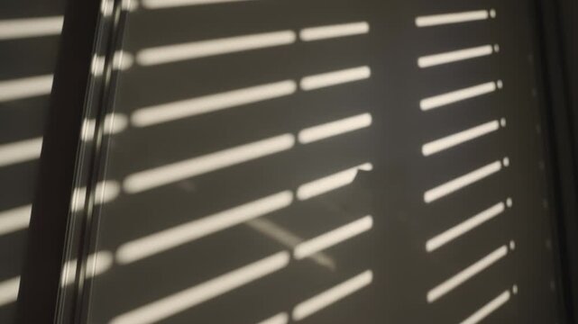 Morning sunlight passing through window blinds, creating shadows and patterns of light and dark lines on a white closet door or wall. Dark room with sun shining in in early morning dramatic light