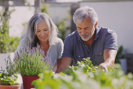 A happy senior couple tending their vibrant rooftop herb and lavender garden. - Powered by Adobe