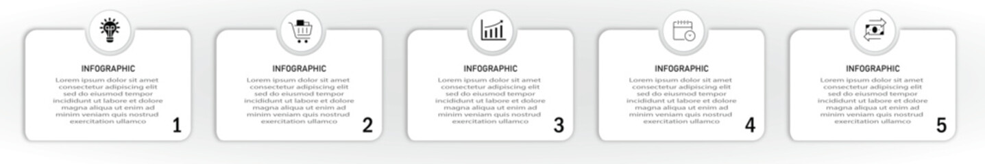 Timeline business process visualization with black icon | Modern infographic design with circle suit for web, corporate, presentation | 5 steps white diagram vector illustration