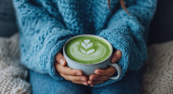 Woman holding a matcha latte in a cozy sweater (1)