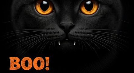 Close-up of black cat face, amber eyes, sharp teeth, dark fur texture Halloween theme, spooky atmosphere, free space below