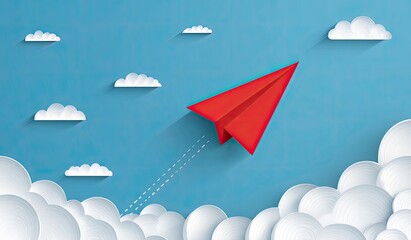 Red paper airplane soaring above fluffy clouds