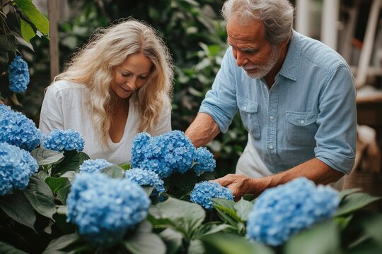 Senior couple admiring vibrant blue hydrangeas in a greenhouse, enjoying gardening together.