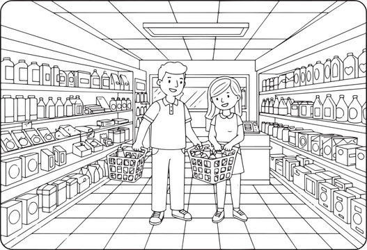 Charming line art depicting couple enjoying grocery shopping tog
