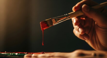 Hand holding paintbrush with dripping red paint in a dimly lit artistic studio