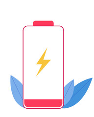 Battery Icon with Lightning Bolt and Blue Leaves