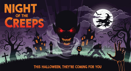 Night of the creeps halloween scene with vampire witch and werewolves