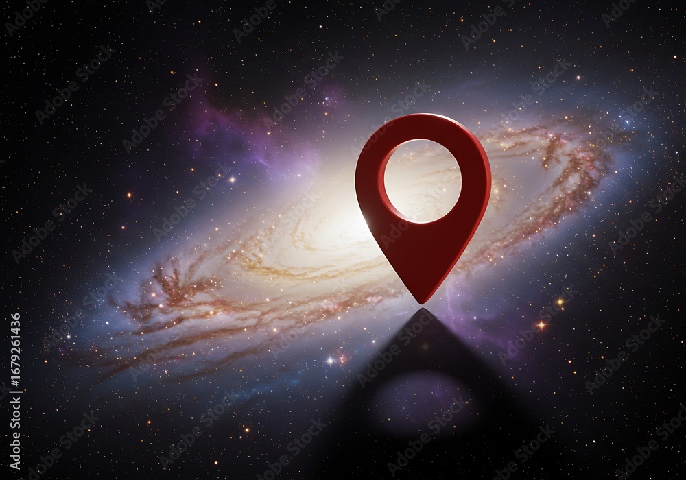 Poster a red location pin pointing to a galaxy in the vastness of outer space