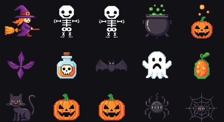 Fototapeta premium Pixel art halloween icons including witch skeleton pumpkin and more